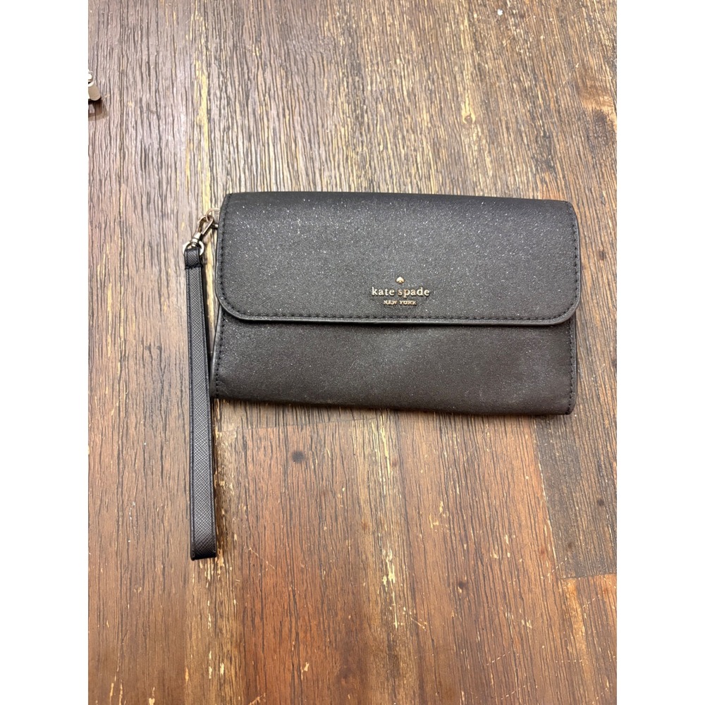 Kate Spade New York Black Glitter Wristlet Wallet Flap Clutch Gold Hardware